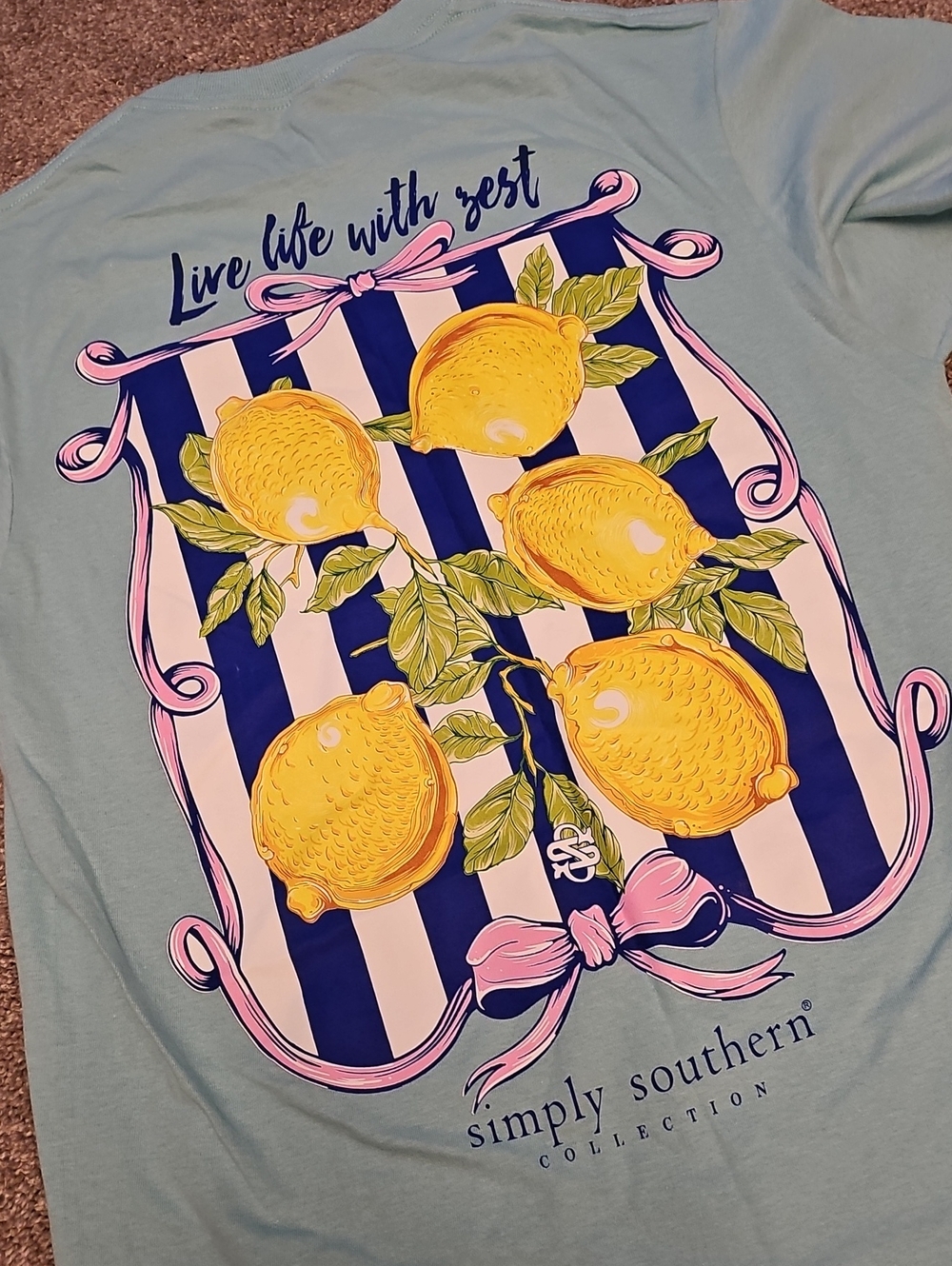 J3🔹️Simply Southern Light Blue Tee with Yellow Lemon & Navy Stripe Graphic